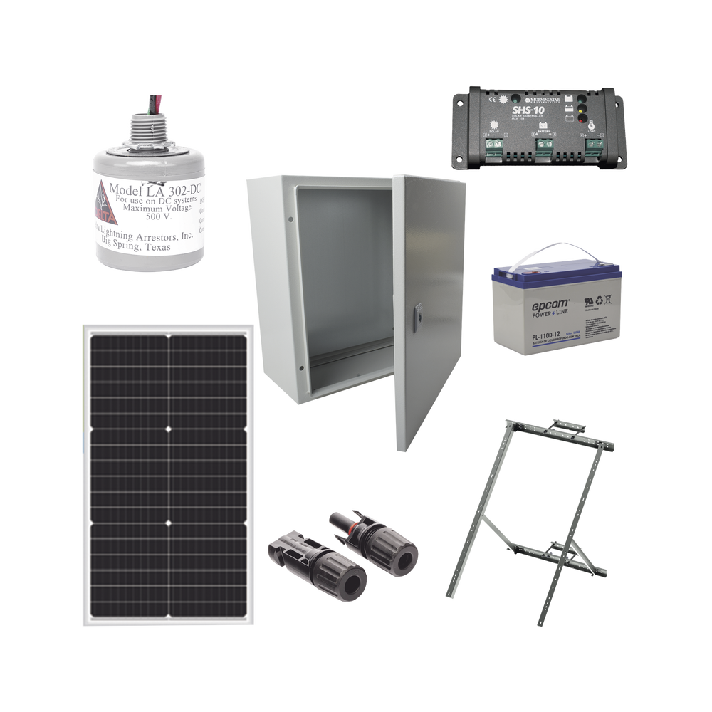 Kit Solar de 12 Vcc para alimentar energizador de cerca electrificada. Instalación de panel en poste.