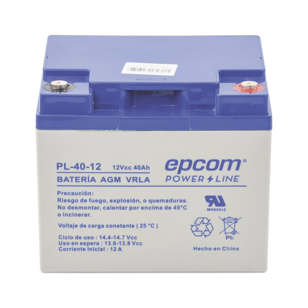 Batería 12 Vcc / 40 Ah / UL / Tecnología AGM-VRLA / Para uso en equipo electrónico Alarmas de intrusión / Incendio/ Control de acceso / Video Vigilancia / Terminales tipo M6 ( HEX ) / Cargador recomendado CHR-250.