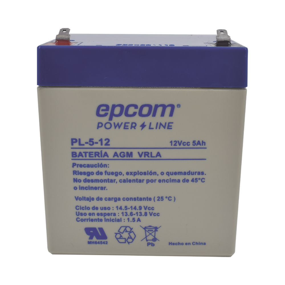 Batería 12 Vcc / 5 Ah / UL / Tecnología AGM-VRLA / Para uso en equipo electrónico Alarmas de intrusión / Incendio/ Control de acceso / Video Vigilancia / Terminales F1 / Cargador recomendado CHR-80.