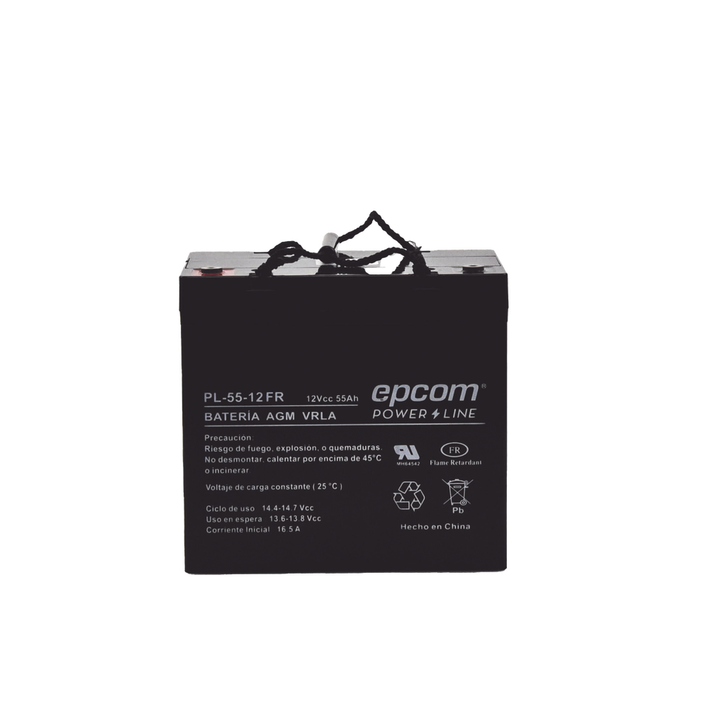 Batería 12 Vcc / 55 Ah / UL / AGM-VRLA / Retardante a la flama / Para uso Uso en: Aplicaciones fotovoltaicas / Terminales tipo M6 / Cargador recomendado CHR-250.