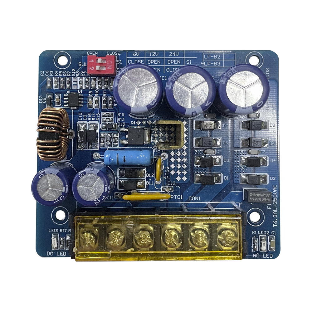 Fuente tipo tarjeta con salida seleccionable en : 6 o 12  o 24 Vcc @ 4 A / 1 salida / requiere transformador de entrada en Vca  / capacidad de baterías / baterías no incluidas.