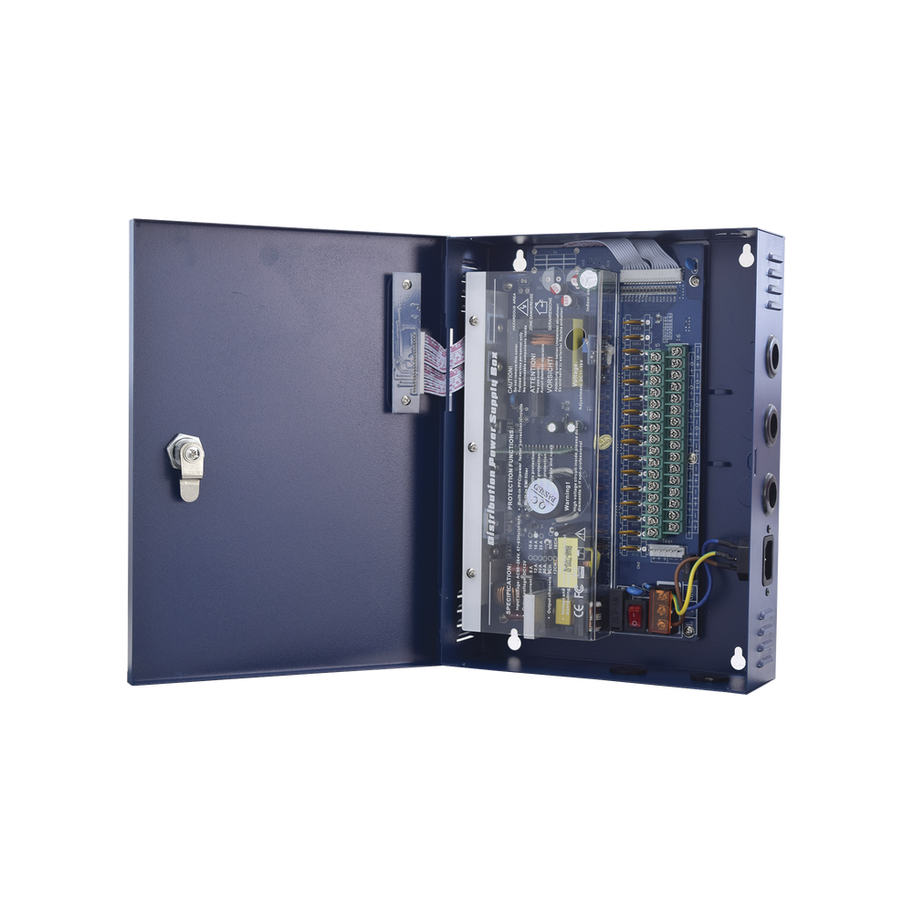 Fuente de poder profesional de 12-14.8 Vcc @ 16 Amper ; para 16 cámaras , Voltaje de entrada : 96-264 Vca, con capacidad de batería de respaldo, requiere batería.