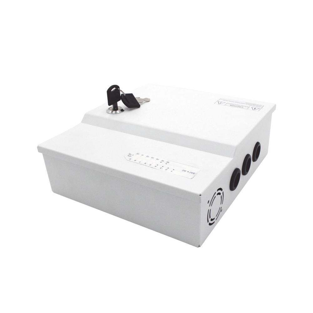 Fuente de poder profesional de 12 Vcc @ 16 A / para 16 cámaras / Con capacidad de batería de respaldo / Requiere batería / Voltaje de entrada de 96-264 Vca