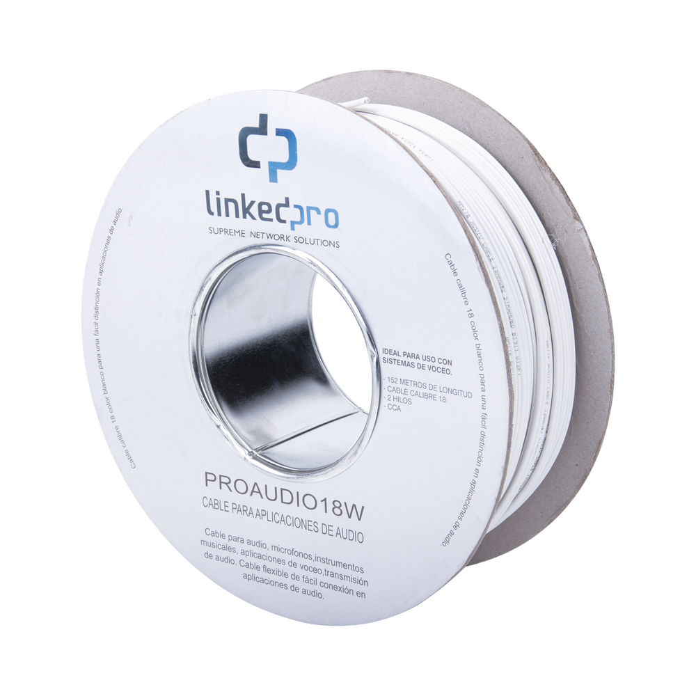 Bobina de 152 mts para Salidas de Audio como Bocinas / Calibre 18 en 2 Hilos / Color Blanco / Tipo CCA