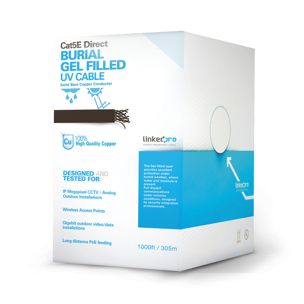 Bobina de Cable de 305 Metros (1000 Pies), Cat5E, con Gel, para Intemperie, Doble Forro Extrema Humedad, Bajo Tierra, UL, Color Negro para Aplicaciones en Video Vigilancia, y Redes de Alta Velocidad.