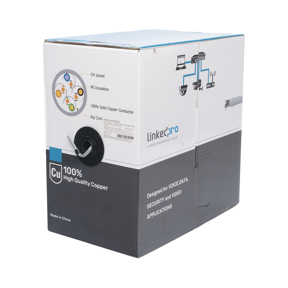 Bobina de Cable de 305 Metros (1000 Pies), Cat5e, Alto Desempe?o, de Color Gris, UL, para Aplicaciones en Video Vigilancia, Redes de Datos. Uso Interior