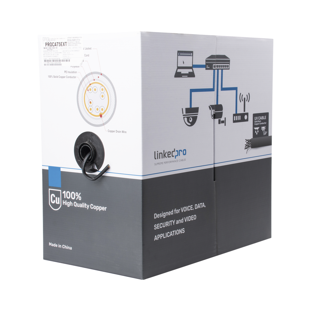 Bobina de Cable de 305 Metros (1000 Pies), Cat5e, FTP, Blindado, Color Negro, UL, para Aplicaciones en Video Vigilancia, Redes de Datos. Uso en Intemperie