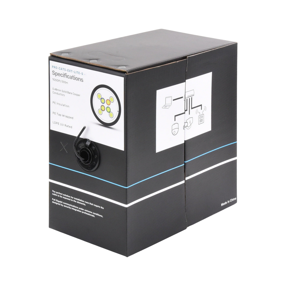 Bobina de Cable de 305 Metros (1000 Pies), Cat5e, Color Negro, Sin Blindar, para Aplicaciones de Videovigilancia, Redes de Datos. Uso en Intemperie