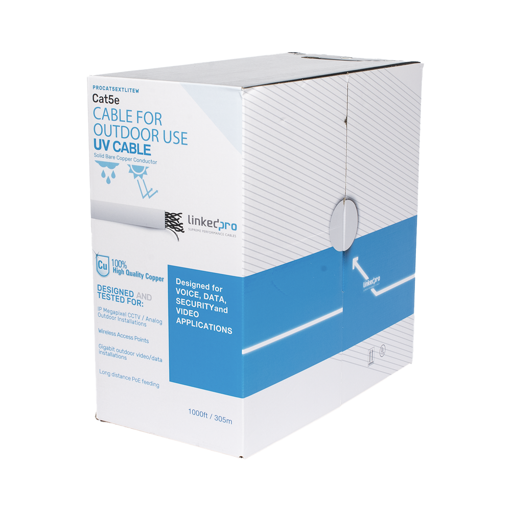 Bobina de cable de 305 m, Cat5e, para intemperie, sin blindar, color blanco, UL, para aplicaciones en CCTV, redes de datos, Requiere tubería para su correcta instalación en ambientes exteriores.