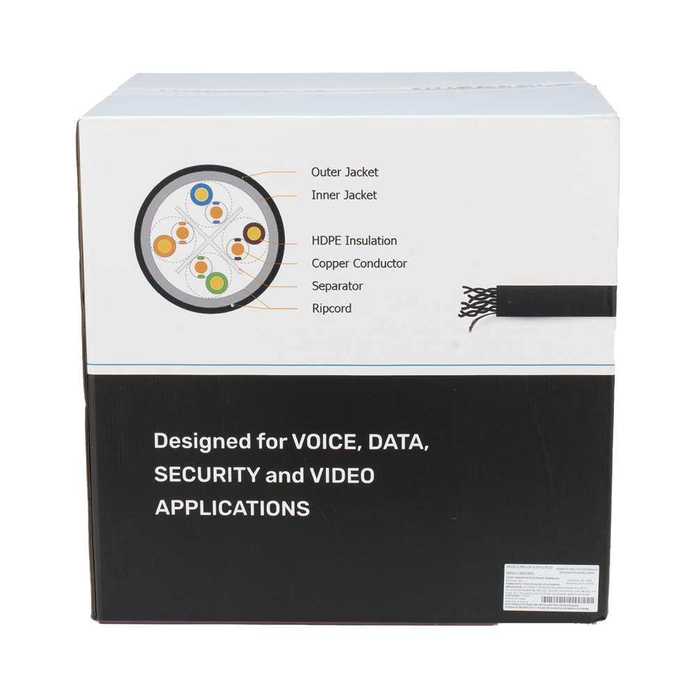 Bobina de Cable UTP 305 Metros (1000 Pies), Cat6 con Doble Forro, para Exterior, Climas Extremos, Color Negro