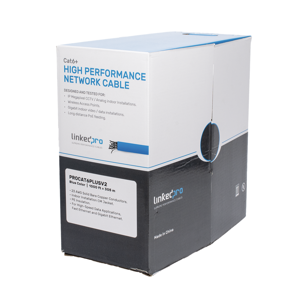 Bobina de Cable de 305 Metros (1000 Pies) Cat6+, CM, Calibre 23 Alto Rendimiento, ETL, UL, Color Azul, Super Flexible, para Aplicaciones de Video Vigilancia, Video HD, y Redes de Datos. Uso Interior.