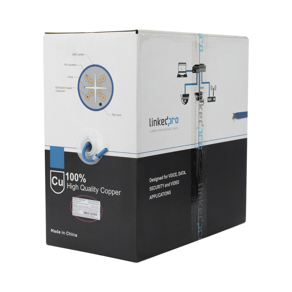 Bobina de Cable de 305 Metros (1000 Pies) Cat6+, CMR, Calibre 23 Alto Rendimiento, ETL, UL, Color Azul, Super Flexible, para Aplicaciones de Video Vigilancia, Video HD, y Redes de Datos. Uso Interior.