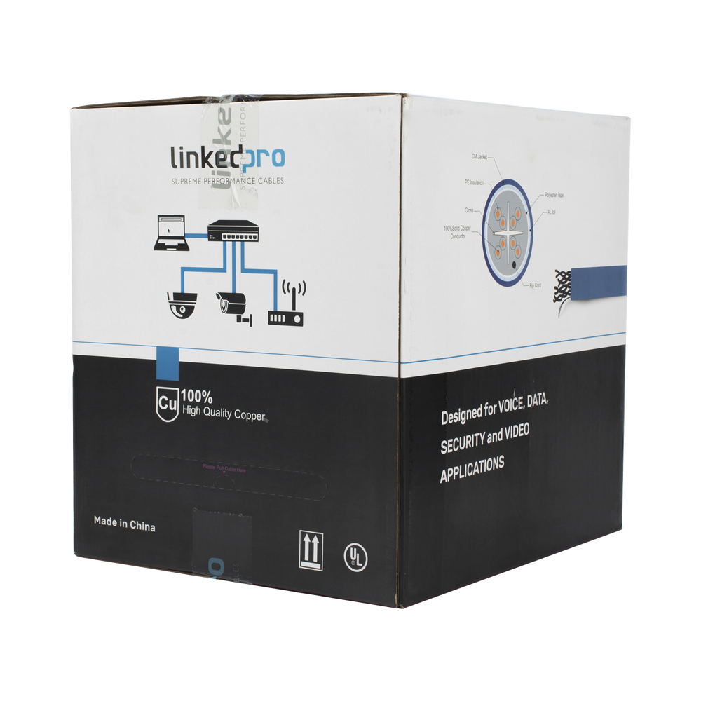 Bobina de Cable de 305 Metros (1000 Pies) Cat6+ Blindado F/UTP, CM, Calibre 23 Alto Rendimiento, ETL, UL, Color Azul, Super Flexible, para Aplicaciones de Video Vigilancia, Video HD, y Redes de Datos. Uso Interior.