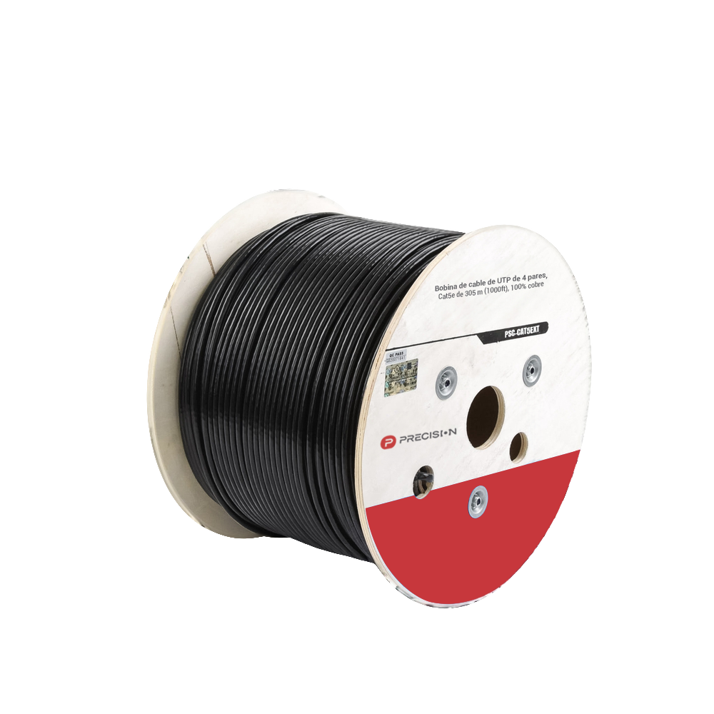 Bobina de Cable de UTP de 4 Pares Cat5e de 305 Metros (1000 Pies), 100% Cobre, LDPE Resistente a Rayos UV Relleno de Gel, Color Negro, 24 AWG, Uso en Exterior, Para Aplicaciones de Voz, Datos y Video