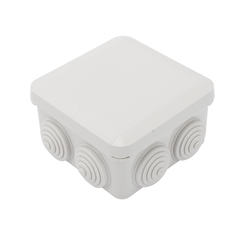 Caja Derivación-Conexión de Plástico (89 X 89 X 50 mm) con 7 Glándulas de Goma. Para Instalaciones Comerciales, Residenciales e Industriales. Cerrado a Presión.