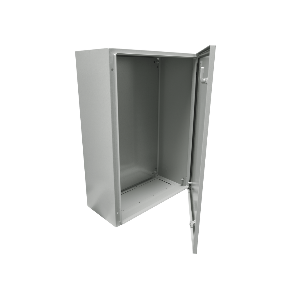 Gabinete de Acero IP66 Uso en Intemperie (400 x 600 x 200 mm) con Placa Trasera Interior Metálica y Compuerta Inferior Atornillable (Incluye Chapa y Llave).