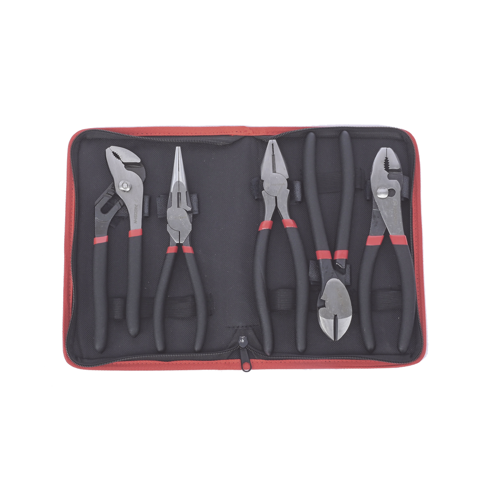 Juego de 5 Pinzas de 8" con Estuche. Incluye: P. Mecánica, P. para Tubo, P. Eléctrica, P. Corte, Nariz Larga.