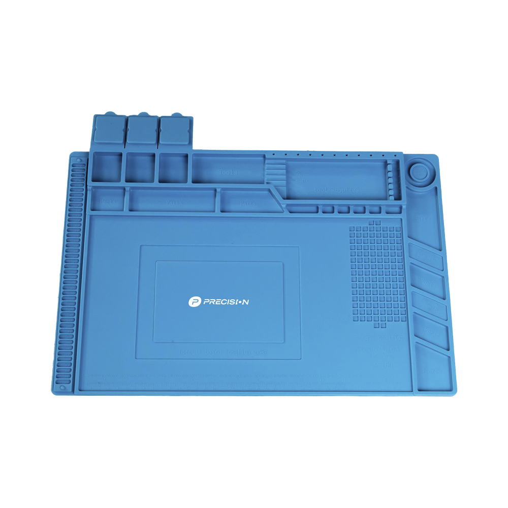 Tapete de silicona de 45 x 30 cm, resistente al calor con áreas magnéticas y de almacenamiento de componentes, ideal para la reparación de equipos y tarjetas electrónicas.