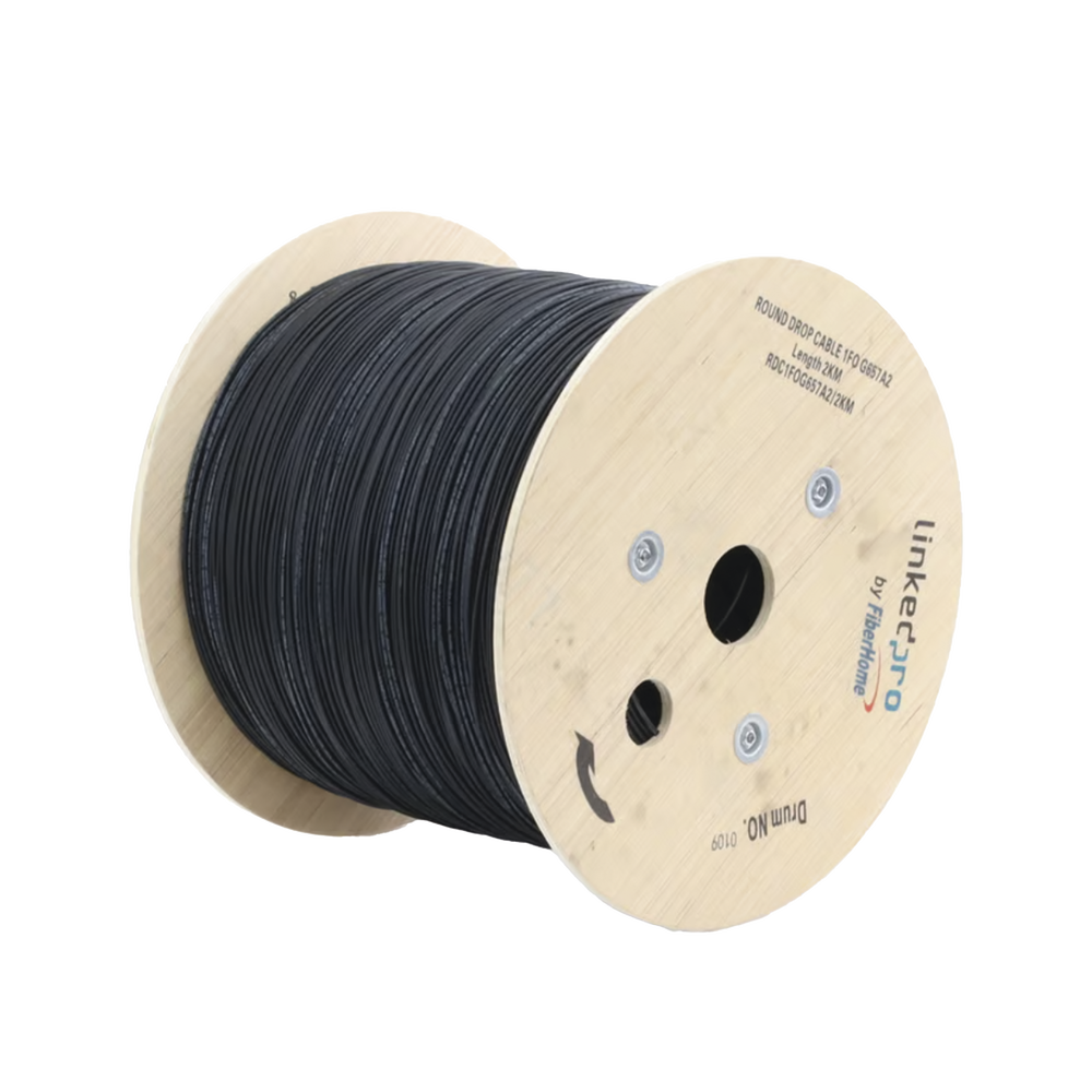 Carrete de 2 km de Fibra ?ptica A?rea Tipo Drop Redonda (Figura 0) G.657A2, Monomodo, 1 Hilo, Forro de 3 mm
