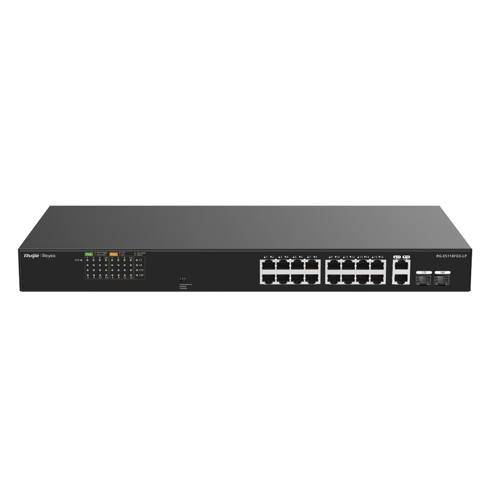 Switch PoE+ no Administrable, Hasta 120 Watts, Ideal para CCTV, 16 Puertos PoE +10/100, 2 Uplinks Gigabit y 2 SFP COMBO