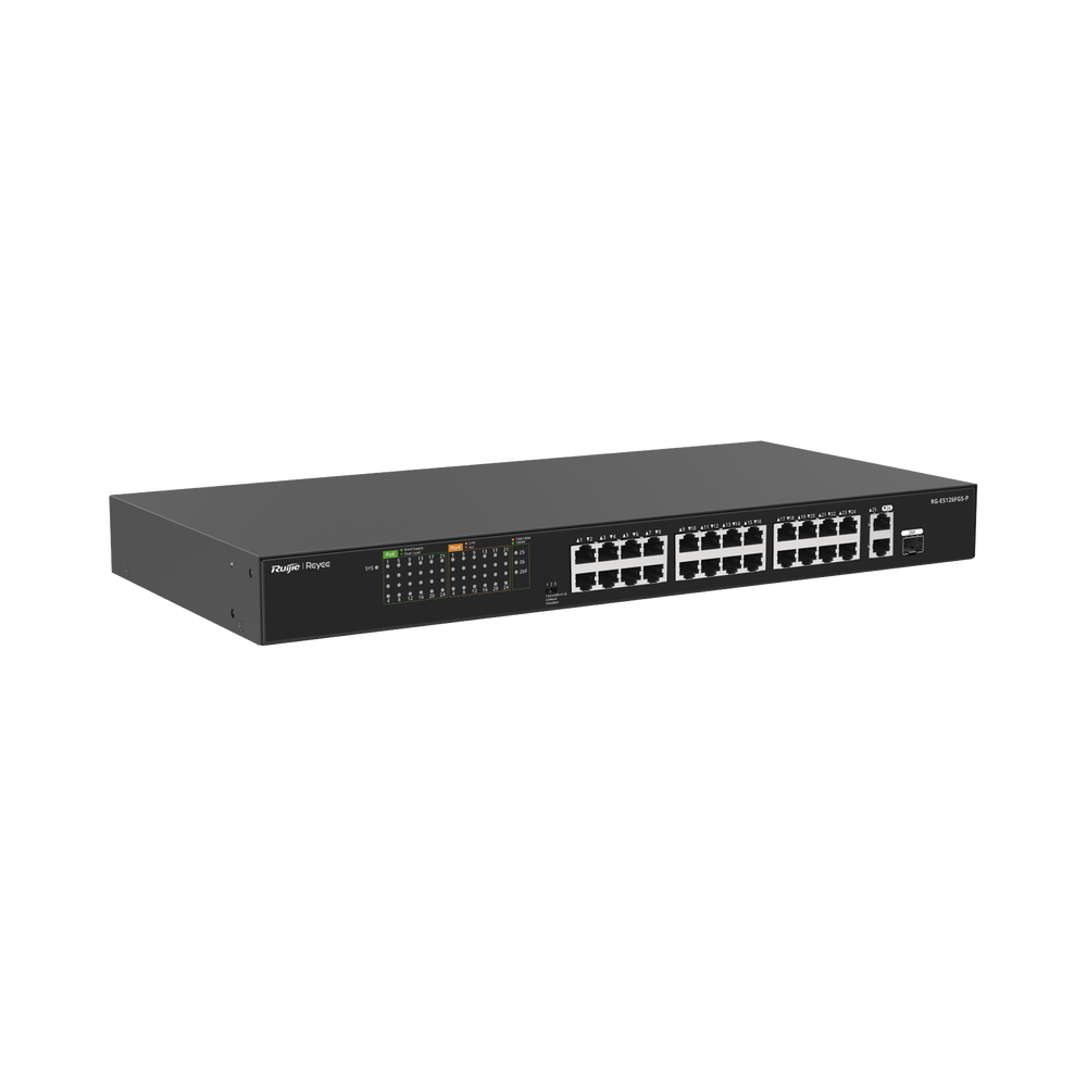Switch PoE+ no Administrable, hasta 370 Watts Ideal para CCTV, 24 Puertos 10/100 PoE+, 2 Uplinks Gigabit (1 SFP COMBO)