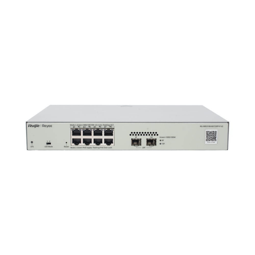 Switch Administrable PoE Capa 2 con 8 puertos Gigabit PoE 802.3af/at + 2 SFP para fibra 1Gb, gestión gratuita desde la nube, 125w