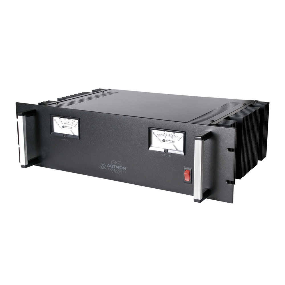 Fuente de poder 13.8Vcc, 50A, lineal regulada con circuito cargador de baterías, medidores, para instalación en rack