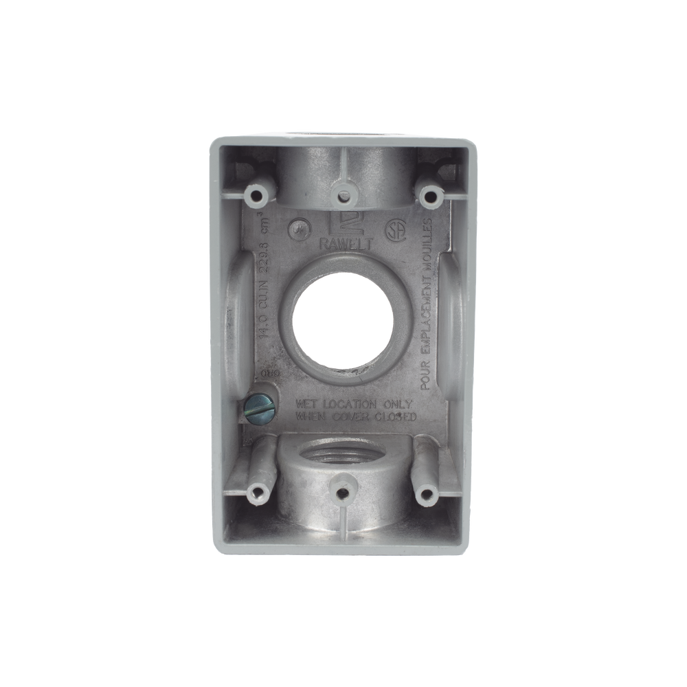 Caja Condulet FS de 1" (25.4 mm ) con tres bocas una arriba y una atrás a prueba de intemperie.