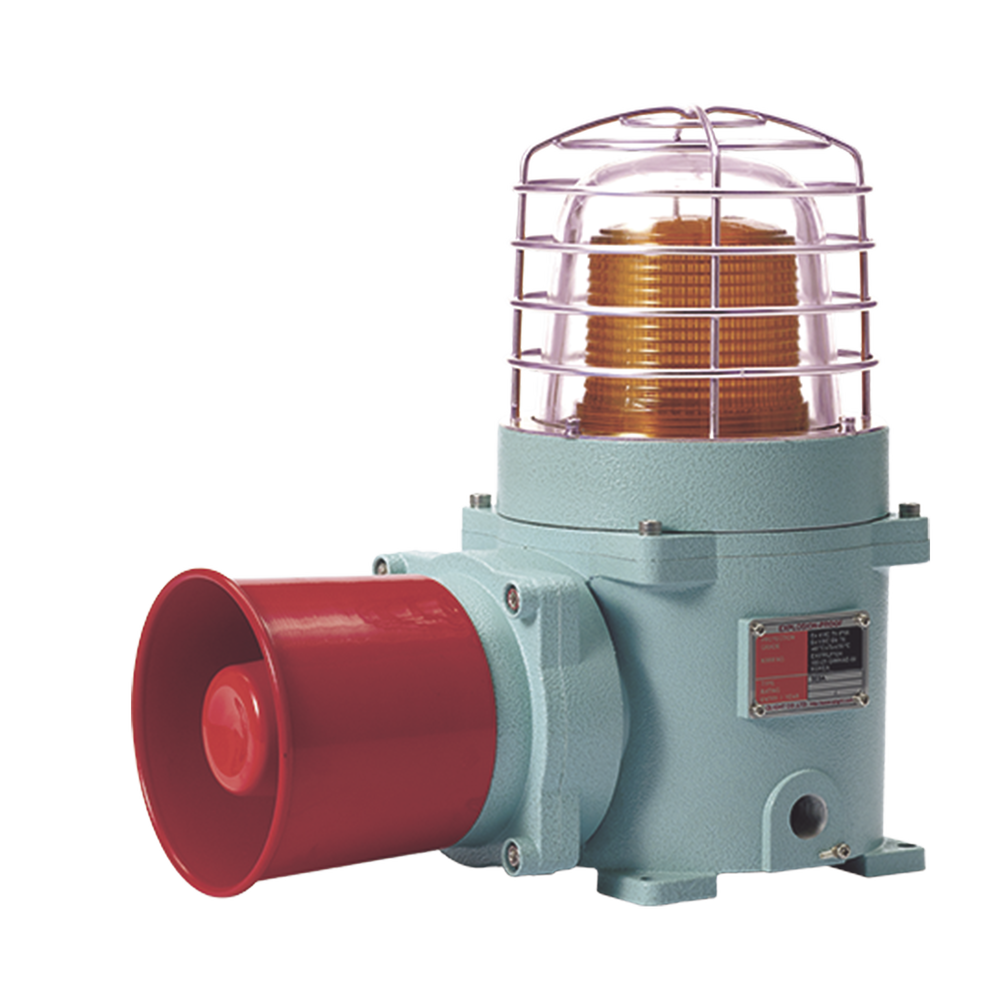 Combinación de baliza LED color Ámbar con patrón fijo y flasheante con sirena electrónica, máx. 118 dB para zonas peligrosas a 120 VCA