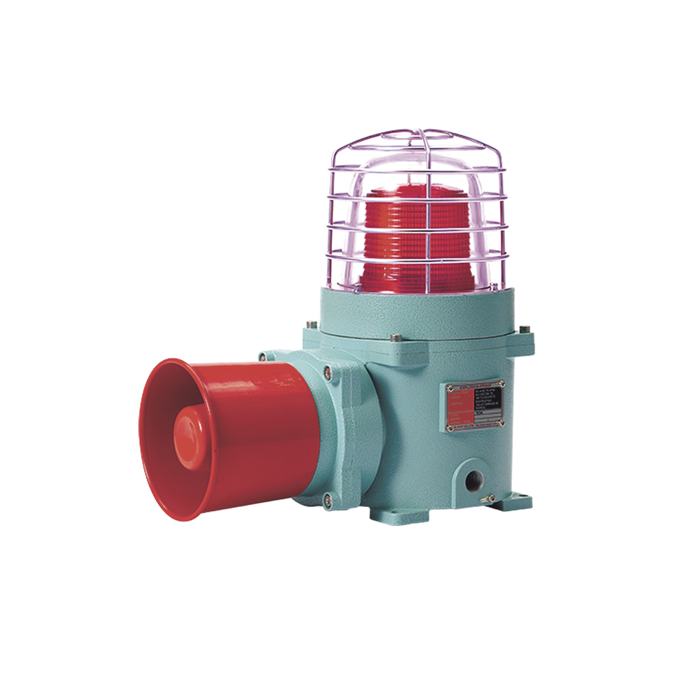 Combinación de baliza LED color Rojo con patrón fijo y flasheante con sirena electrónica, máx. 120 dB para zonas peligrosas a 120 VCA