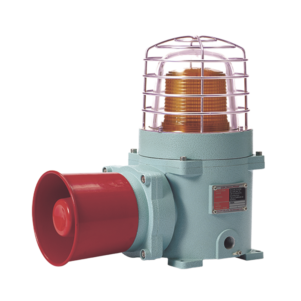 Combinación de baliza LED color Ámbar con patrón fijo y flasheante con sirena electrónica, máx. 118 dB para zonas peligrosas a 24 VCD