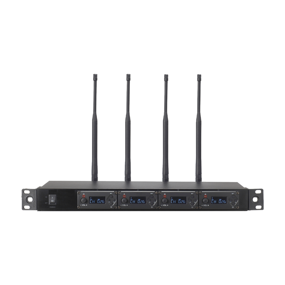 Receptor UHF para 4 micrófonos inalámbricos / Pantalla LCD de cristal liquido