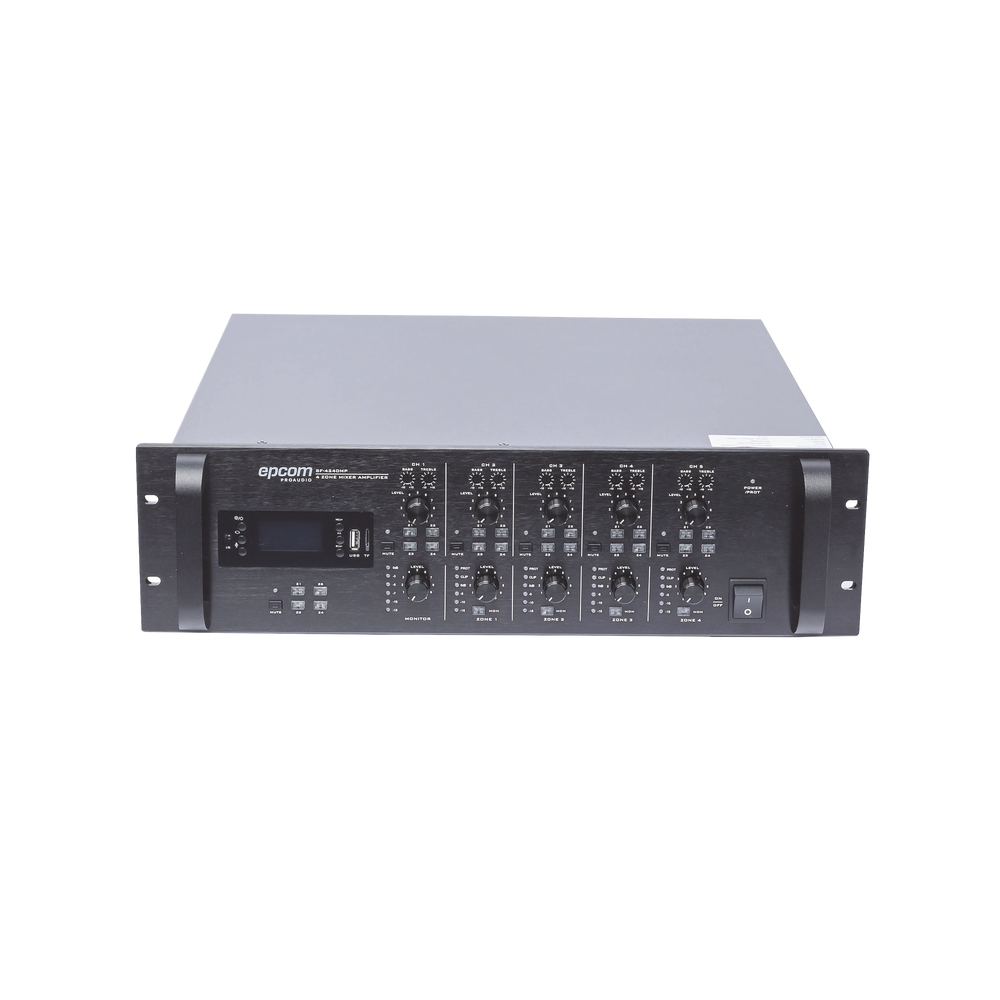 Mezclador Amplificador de Audio - 4 zonas de 240W RMS Hasta 960W | 4 Canales | 5 Entradas | MP3 Tuner USB/SD | 1 Entrada de Micrófono