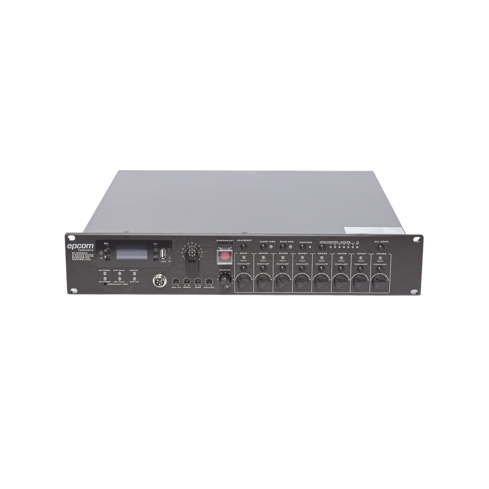 Controlador de Evacuación Por Voz | 500 W | 8 Zonas independientes | 4 entradas de audio y 2 entradas de micrófono