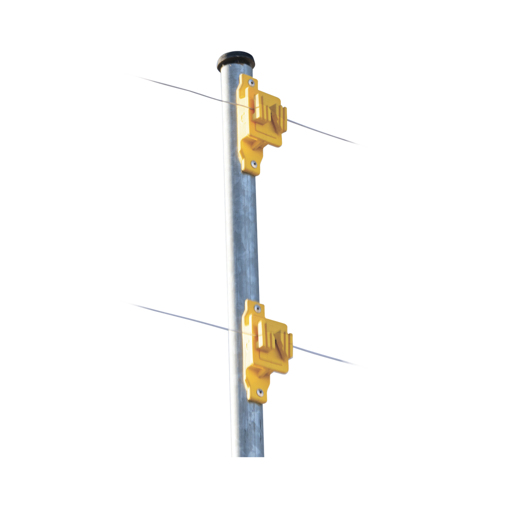 Aislador de Paso color Amarillo reforzado para cercos eléctricos, resistente al clima extremoso