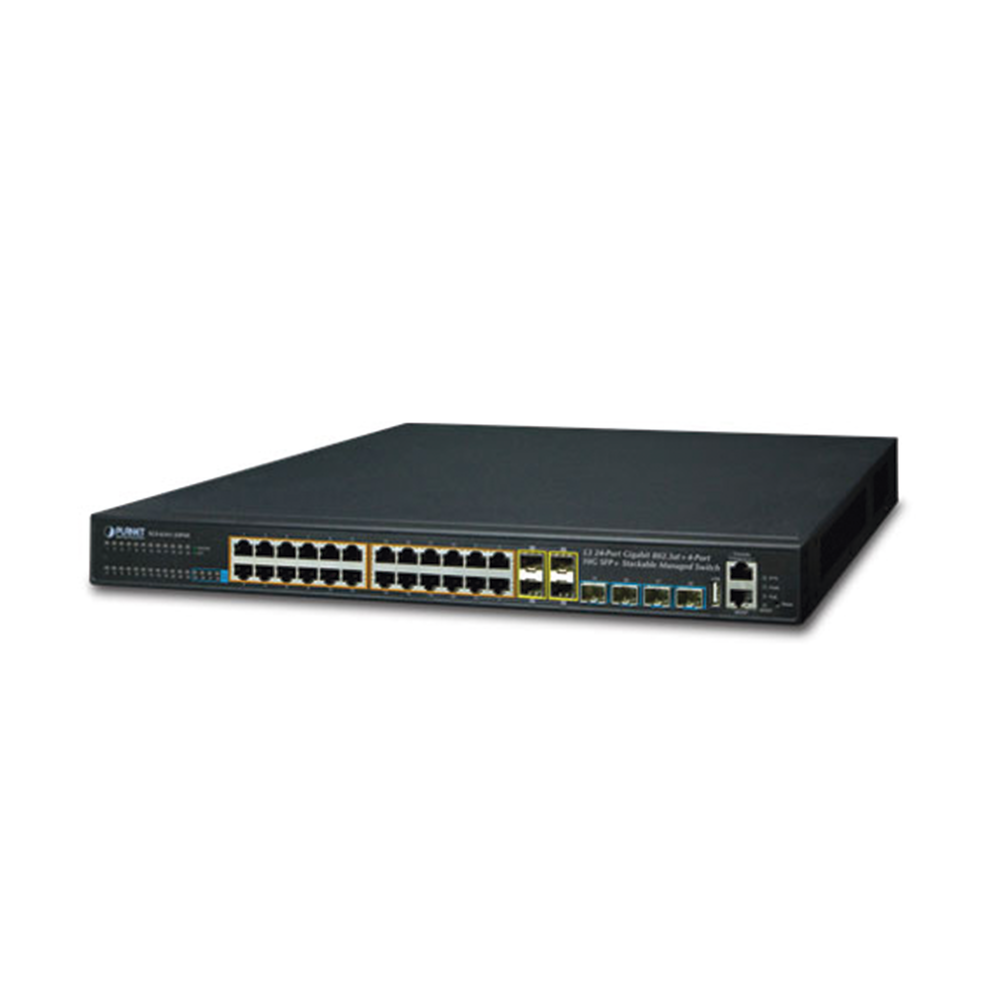 Switch Administrable Stacking Capa 3, 24 Puertos PoE 802.3af/at 10/100/1000T, Hasta 370 W, 4 Puertos 10G SFP+