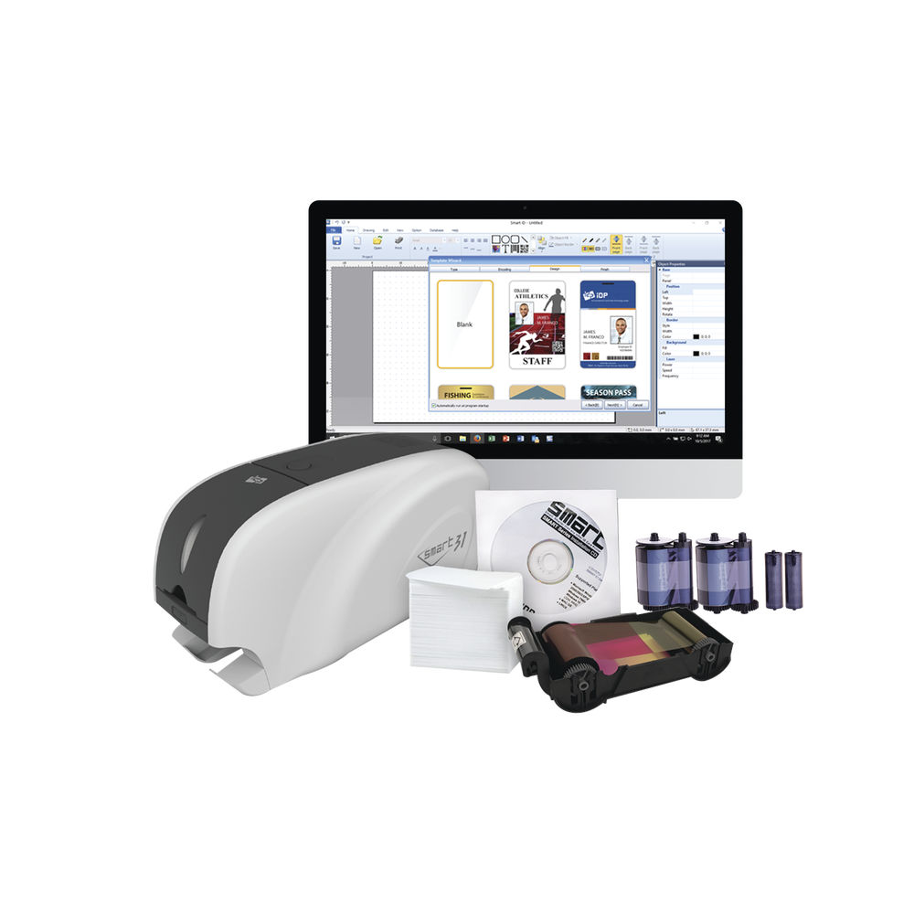 Kit Impresora de tarjetas PVC/ Una Cara /incluye: 2 x Ribbons, 100 Tarjetas PVC, Software, Kit Limpieza, Garantia 3 Años, Mascara de Seguridad UV