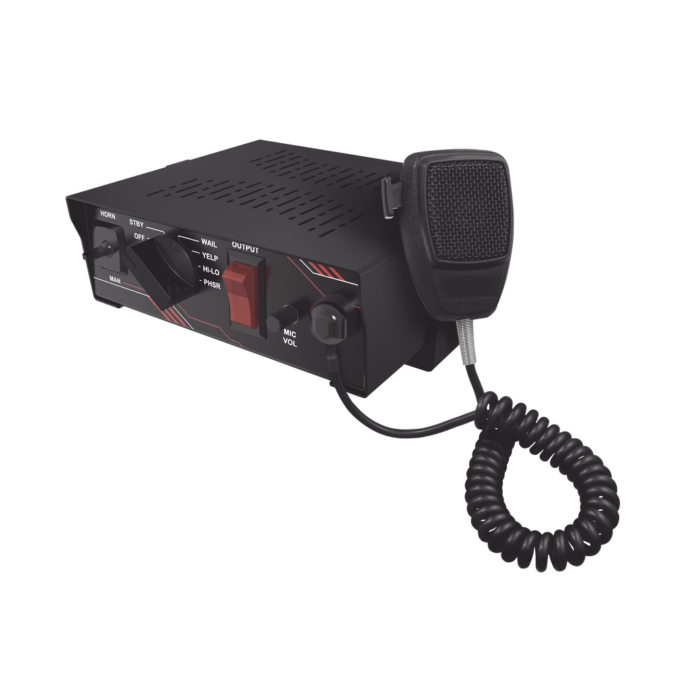 Sirena Vehicular de 100W de Potencia, Con Switch Giratorio de 6 posiciones y Micrófono Integrado de Uso Rudo