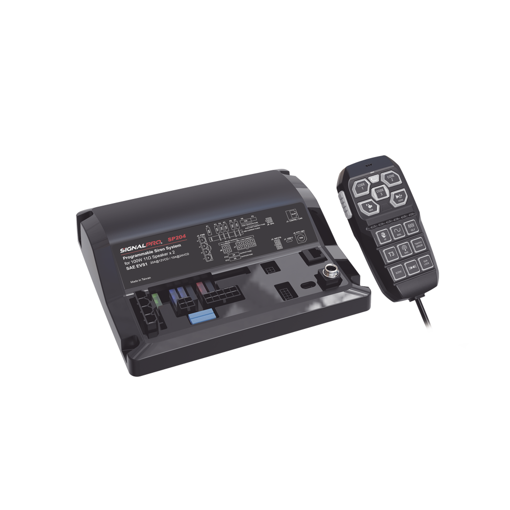 Sirena Vehicular de 200W de Potencia, Con Controlador Unimando de 15 Botones Para Control de Tonos, 12 Salidas Auxiliares y Micrófono