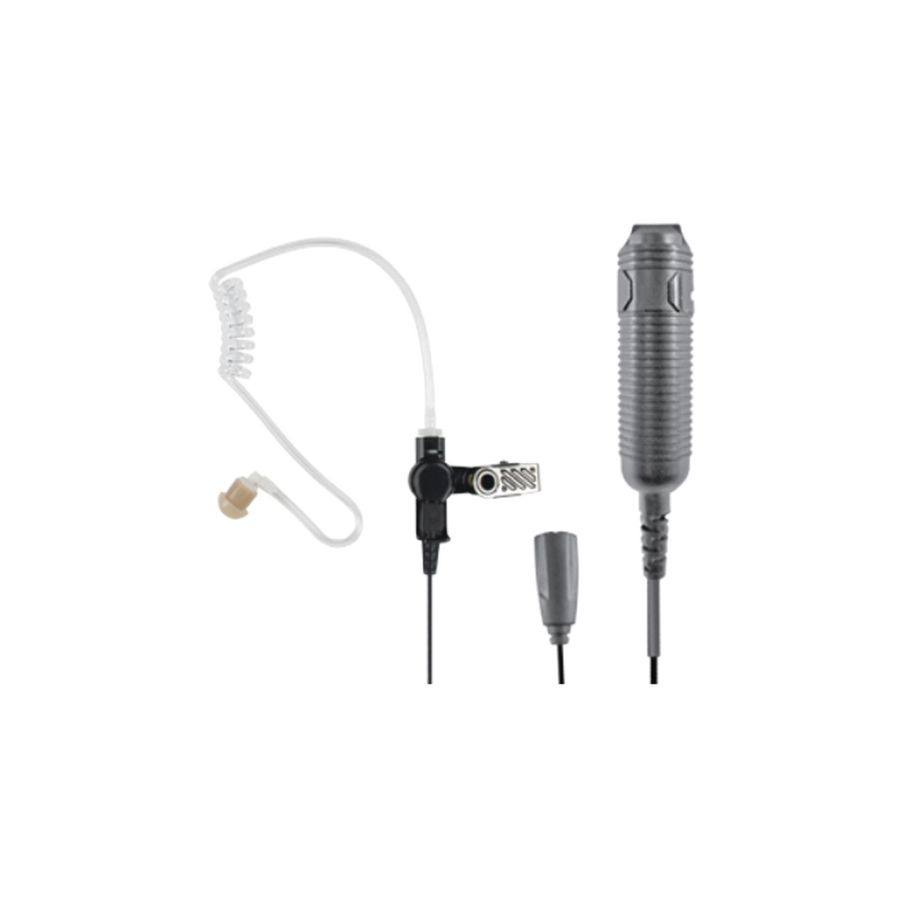 Heavy Duty 3-Wire Surveillance Kit: Features acoustic tube earphone with TWIST CONNECTOR, remote PTT switch and low-profile lapel microphone. Straight cable.