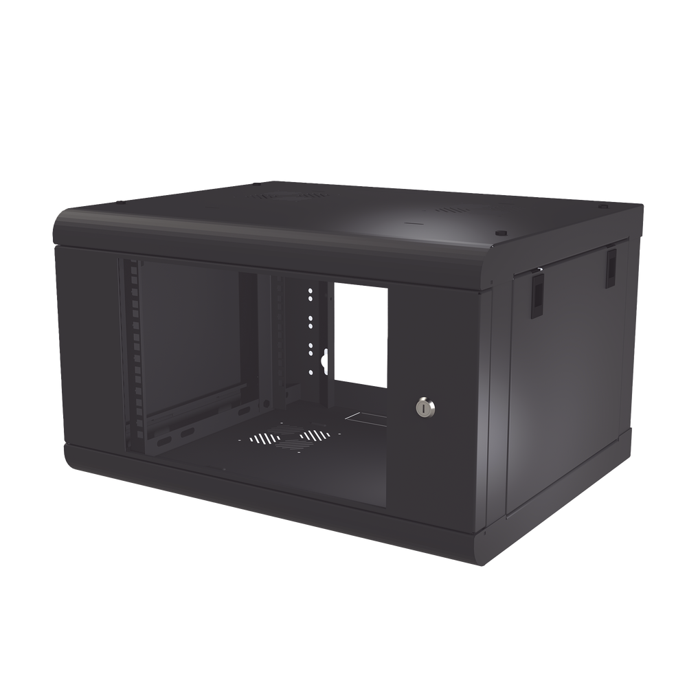 Gabinete de Pared de 6U con Puerta de Cristal Templado, 479.5 mm de Profundidad, Rack de 19'', Acero Reforzado Color Negro.