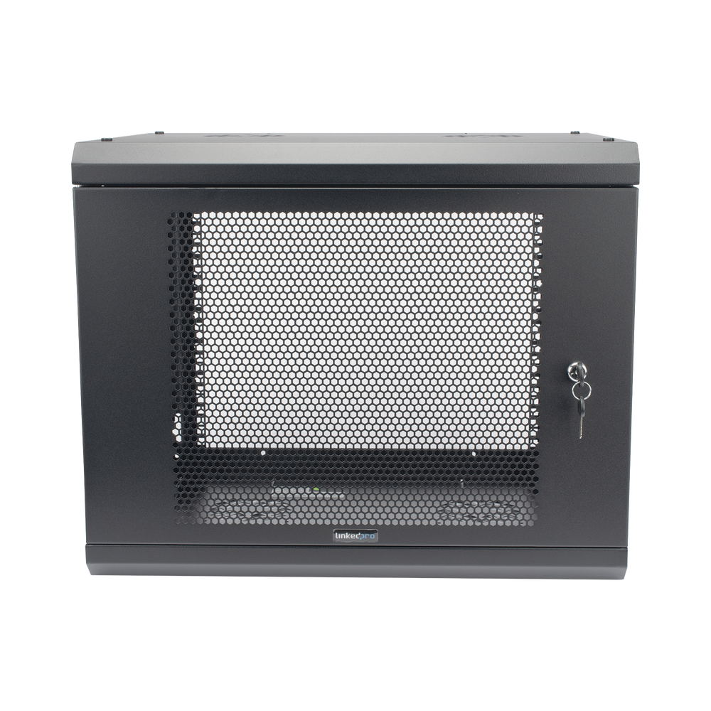 Gabinete de Pared de 9U con Puerta Perforada, 455 mm de Profundidad, Rack de 19'', Acero Reforzado Color Negro.