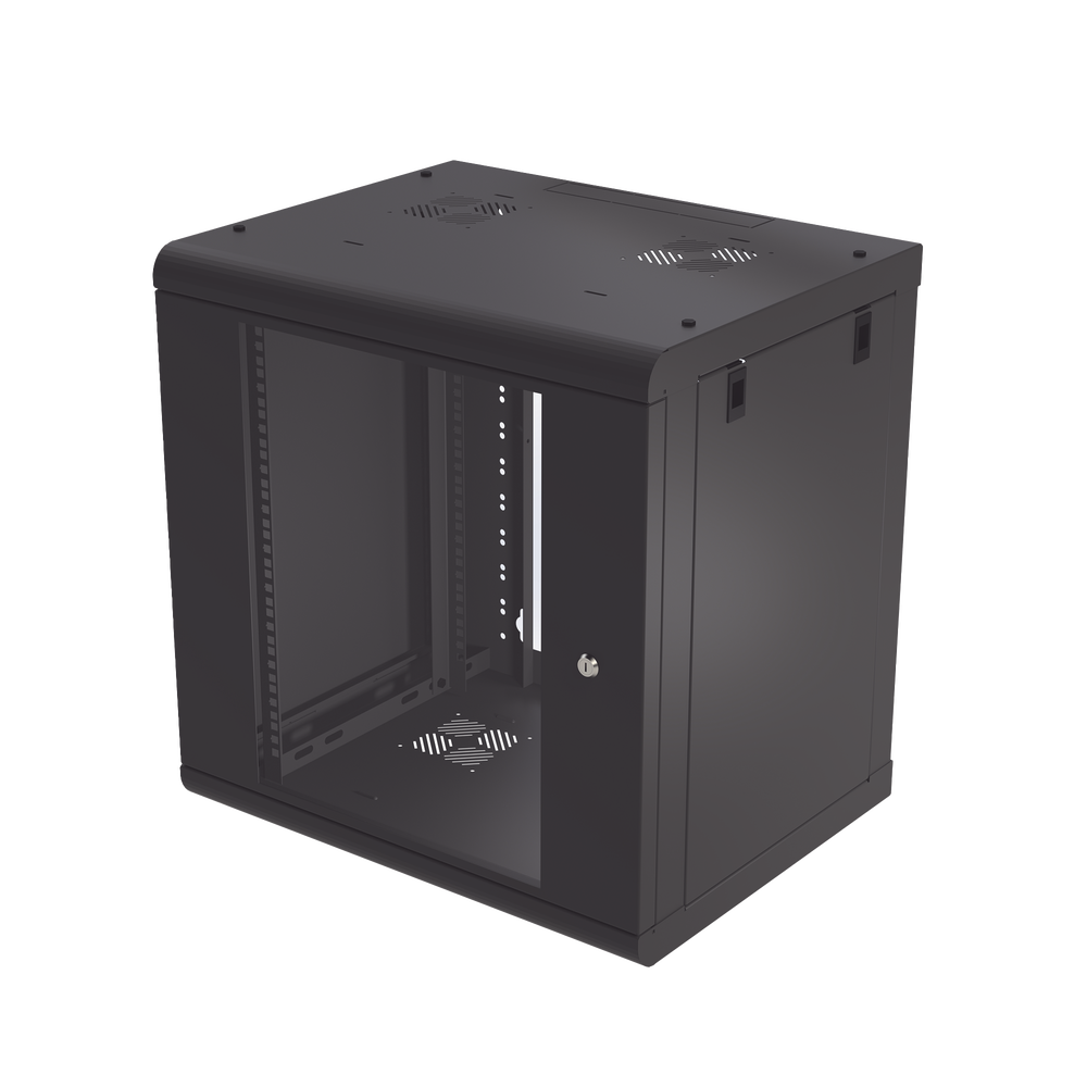 Gabinete de Pared de 12U con Puerta de Cristal Templado, 479.5 mm de Profundidad, Rack de 19'', Acero Reforzado Color Negro.