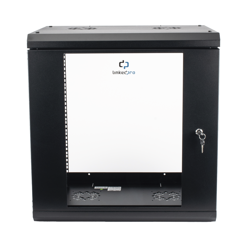 Gabinete de Pared de 12U con Puerta de Cristal Templado, 455 mm de Profundidad, Rack de 19'', Acero Reforzado Color Negro.