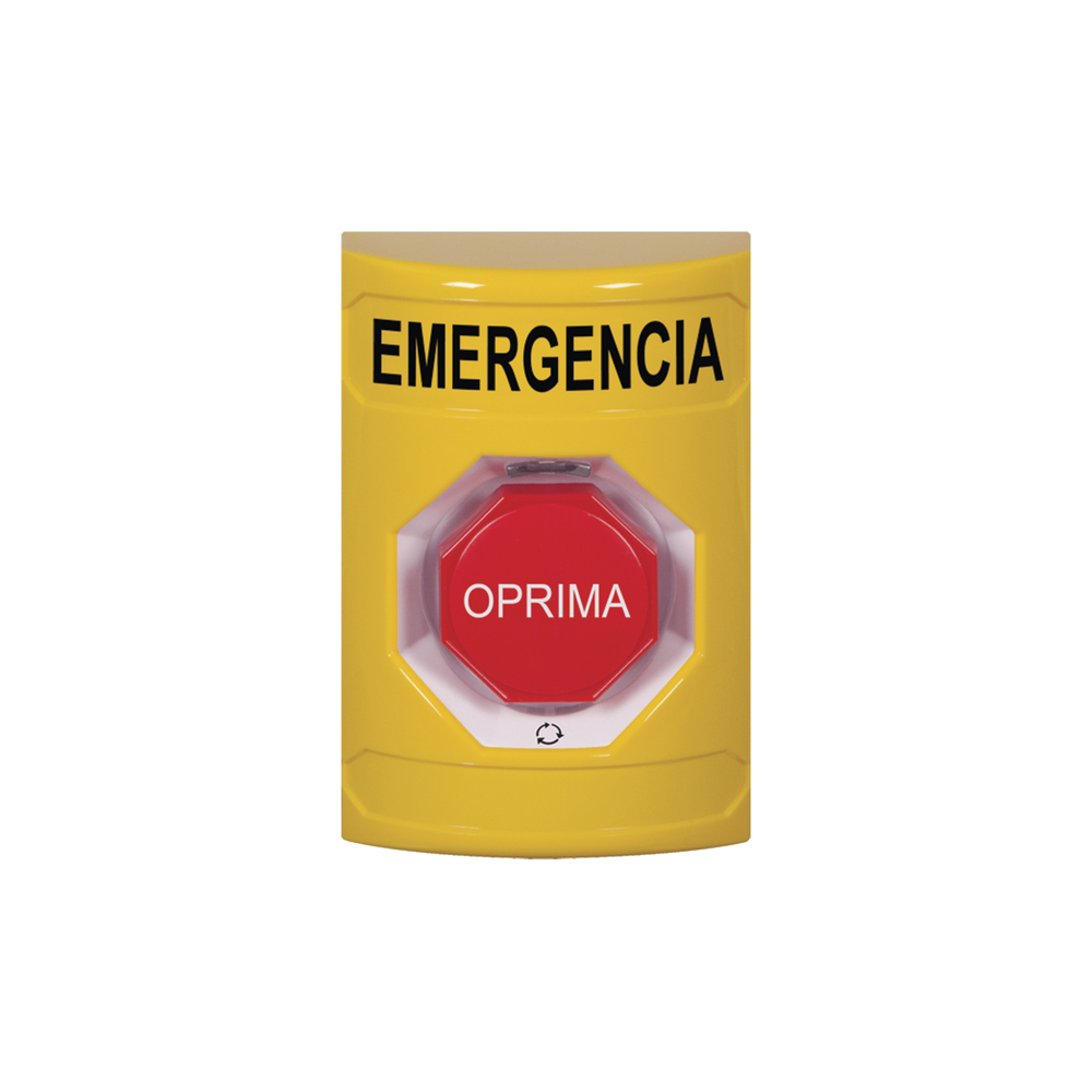 Botón de Emergencia en Español, Color Amarillo, Acción Mantenida, Girar para Restablecer y LED Multicolor