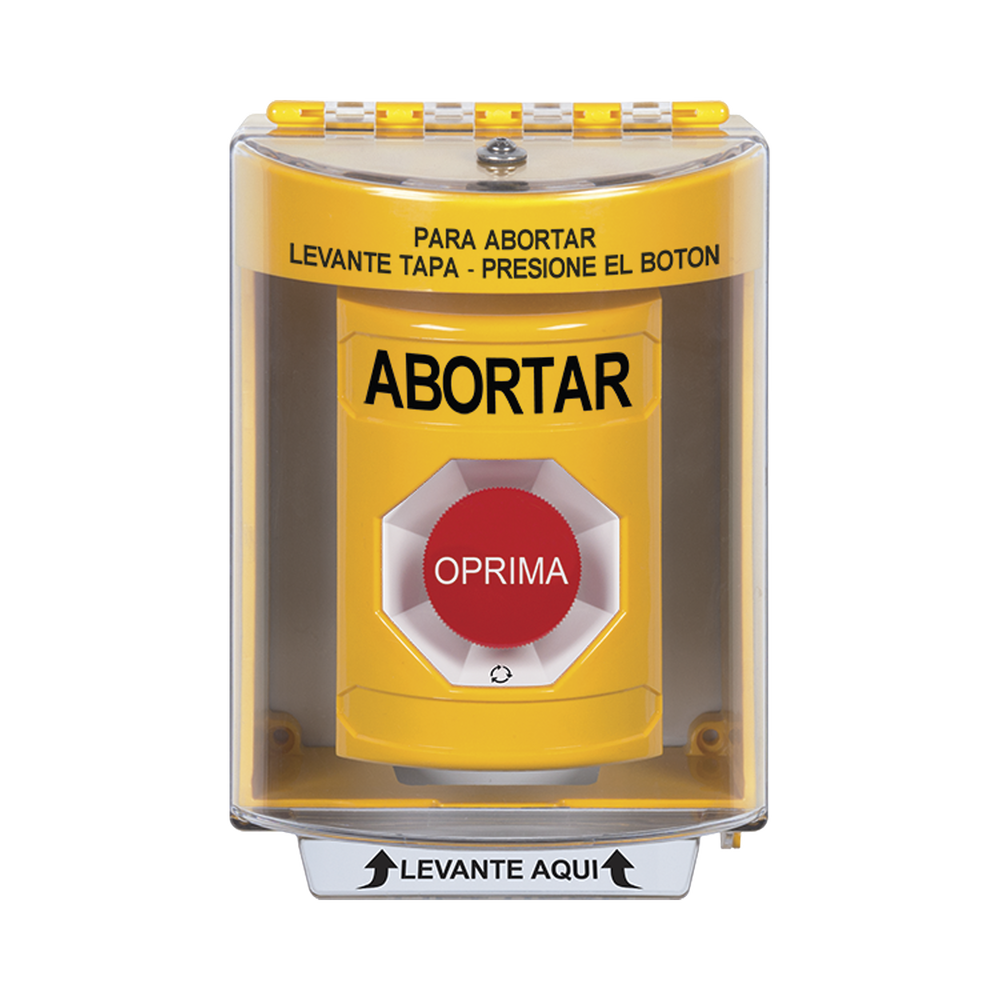 Botón de Abortar, Texto en Español, Tapa Protectora de Policarbonato Súper Resistente, Girar para restablecer