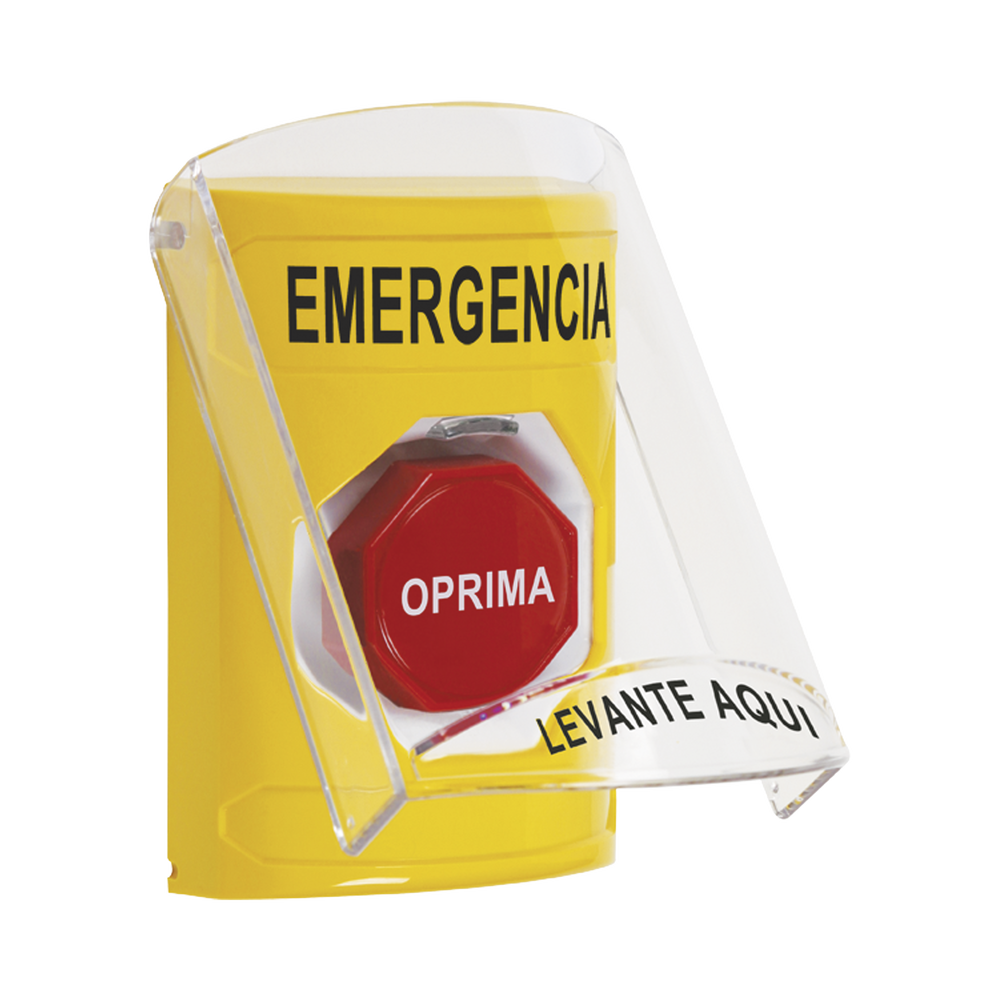 ?Botón Multipropósito, Color Amarillo, De Superficie, Con Tapa De Policarbonato, Con Bocina Pre Alarma, Solo Interior, Llave Para Restablecer, Texto De Emergencia, Español