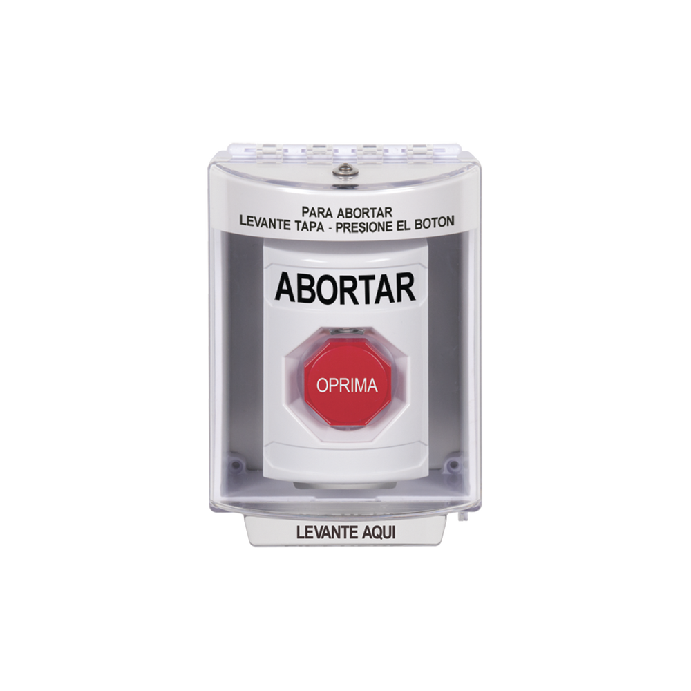 Botón de Abortar, Bocina de Advertencia Integrada, Texto en Español, Tapa Protectora de Policarbonato Súper Resistente con Espaciador, Restablecimiento con Llave