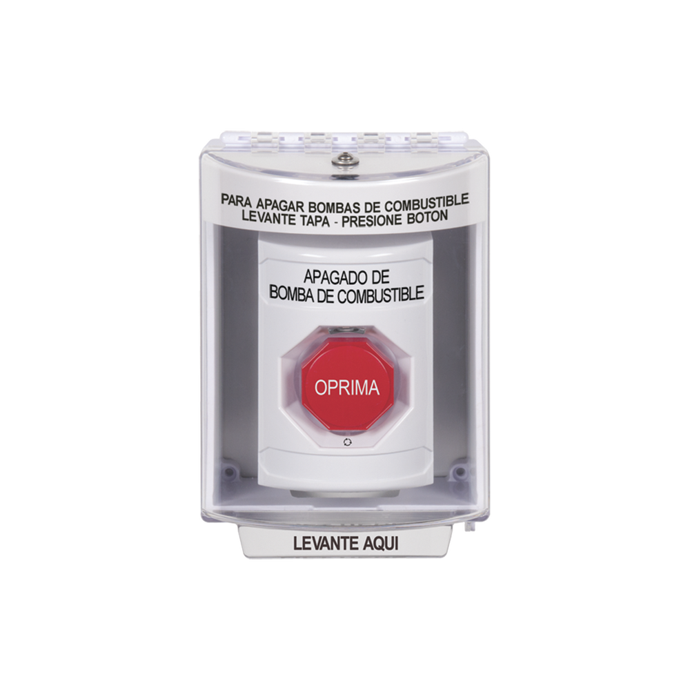 Botón de Apagado de Bomba de Combustible, Tapa Protectora de Policarbonato Súper Resistente con Espaciador, Acción Mantenida , Texto en Español