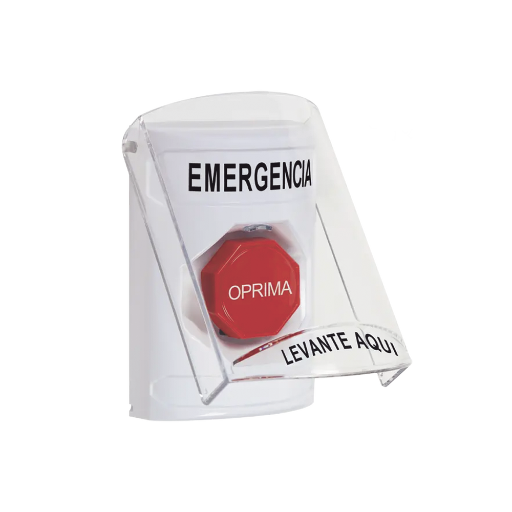 ?Botón Multipropósito, Color Blanco, De Superficie, Con Tapa De Policarbonato, Con Bocina Pre Alarma, Solo Interior, Llave Para Restablecer, Texto De Emergencia, Español